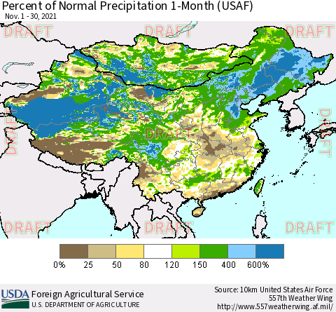 China, Mongolia and Taiwan Percent of Normal Precipitation 1-Month (USAF) Thematic Map For 11/1/2021 - 11/30/2021