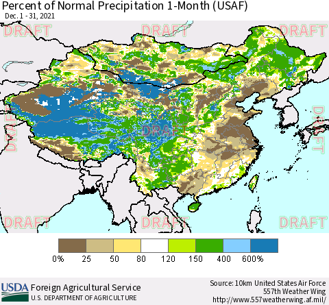 China, Mongolia and Taiwan Percent of Normal Precipitation 1-Month (USAF) Thematic Map For 12/1/2021 - 12/31/2021