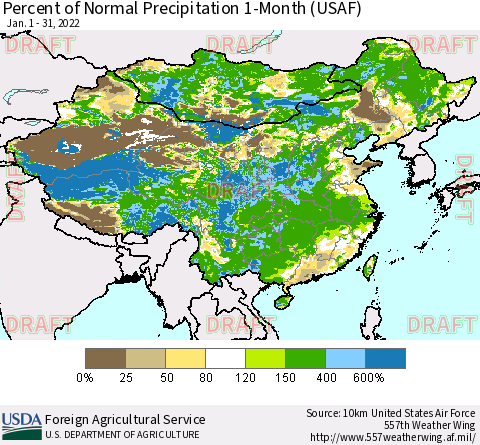 China, Mongolia and Taiwan Percent of Normal Precipitation 1-Month (USAF) Thematic Map For 1/1/2022 - 1/31/2022