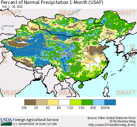 China, Mongolia and Taiwan Percent of Normal Precipitation 1-Month (USAF) Thematic Map For 2/1/2022 - 2/28/2022