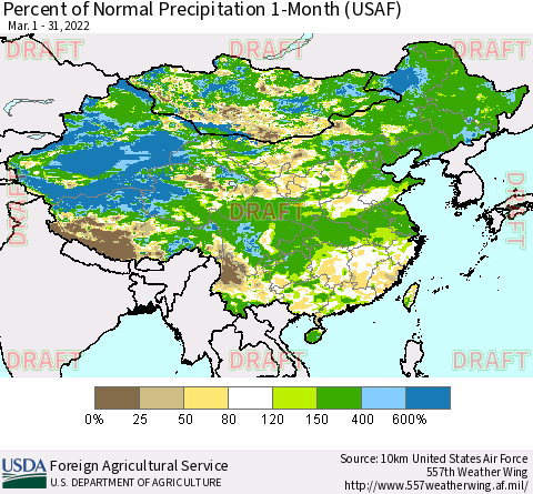 China, Mongolia and Taiwan Percent of Normal Precipitation 1-Month (USAF) Thematic Map For 3/1/2022 - 3/31/2022