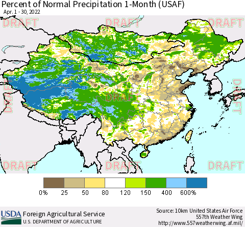 China, Mongolia and Taiwan Percent of Normal Precipitation 1-Month (USAF) Thematic Map For 4/1/2022 - 4/30/2022