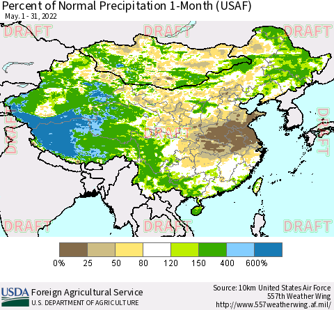 China, Mongolia and Taiwan Percent of Normal Precipitation 1-Month (USAF) Thematic Map For 5/1/2022 - 5/31/2022