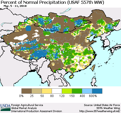 China, Mongolia and Taiwan Percent of Normal Precipitation (USAF 557th WW) Thematic Map For 3/5/2018 - 3/11/2018