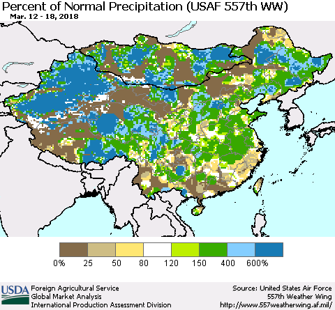 China, Mongolia and Taiwan Percent of Normal Precipitation (USAF 557th WW) Thematic Map For 3/12/2018 - 3/18/2018