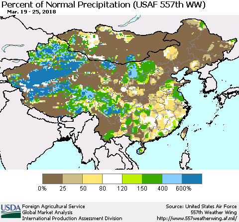 China, Mongolia and Taiwan Percent of Normal Precipitation (USAF 557th WW) Thematic Map For 3/19/2018 - 3/25/2018