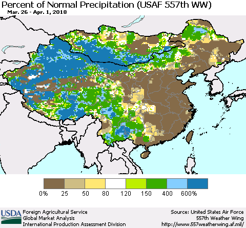 China, Mongolia and Taiwan Percent of Normal Precipitation (USAF 557th WW) Thematic Map For 3/26/2018 - 4/1/2018