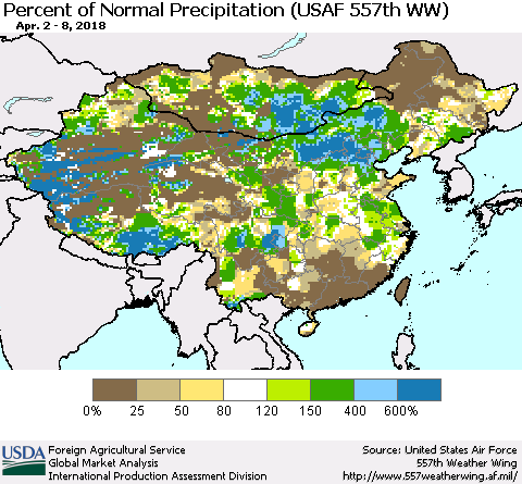 China, Mongolia and Taiwan Percent of Normal Precipitation (USAF 557th WW) Thematic Map For 4/2/2018 - 4/8/2018