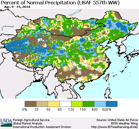 China, Mongolia and Taiwan Percent of Normal Precipitation (USAF 557th WW) Thematic Map For 4/9/2018 - 4/15/2018