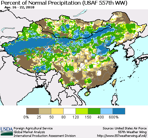China, Mongolia and Taiwan Percent of Normal Precipitation (USAF 557th WW) Thematic Map For 4/16/2018 - 4/22/2018