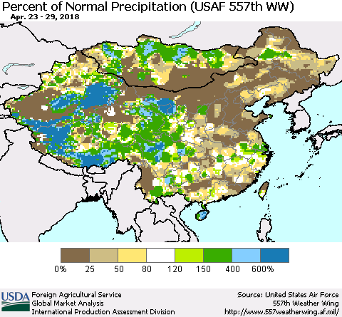 China, Mongolia and Taiwan Percent of Normal Precipitation (USAF 557th WW) Thematic Map For 4/23/2018 - 4/29/2018