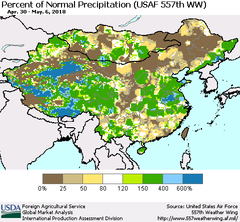China, Mongolia and Taiwan Percent of Normal Precipitation (USAF 557th WW) Thematic Map For 4/30/2018 - 5/6/2018