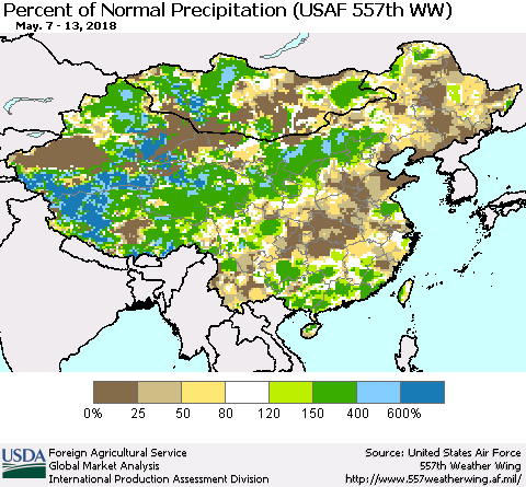 China, Mongolia and Taiwan Percent of Normal Precipitation (USAF 557th WW) Thematic Map For 5/7/2018 - 5/13/2018