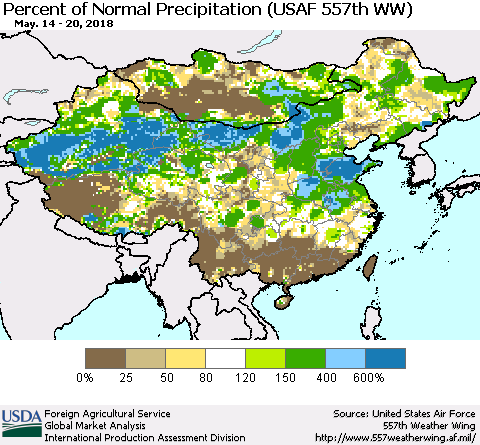 China, Mongolia and Taiwan Percent of Normal Precipitation (USAF 557th WW) Thematic Map For 5/14/2018 - 5/20/2018