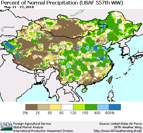 China, Mongolia and Taiwan Percent of Normal Precipitation (USAF 557th WW) Thematic Map For 5/21/2018 - 5/27/2018