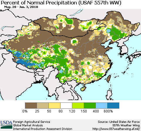 China, Mongolia and Taiwan Percent of Normal Precipitation (USAF 557th WW) Thematic Map For 5/28/2018 - 6/3/2018