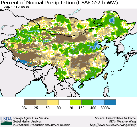 China, Mongolia and Taiwan Percent of Normal Precipitation (USAF 557th WW) Thematic Map For 6/4/2018 - 6/10/2018
