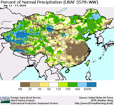 China, Mongolia and Taiwan Percent of Normal Precipitation (USAF 557th WW) Thematic Map For 6/11/2018 - 6/17/2018
