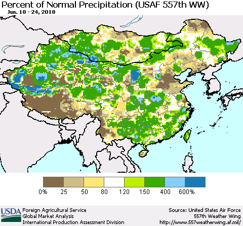 China, Mongolia and Taiwan Percent of Normal Precipitation (USAF 557th WW) Thematic Map For 6/18/2018 - 6/24/2018
