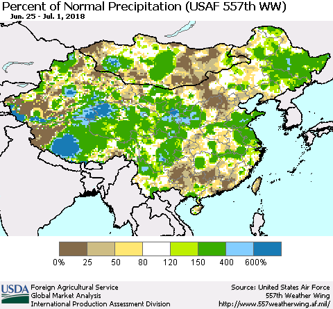 China, Mongolia and Taiwan Percent of Normal Precipitation (USAF 557th WW) Thematic Map For 6/25/2018 - 7/1/2018