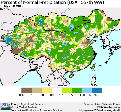 China, Mongolia and Taiwan Percent of Normal Precipitation (USAF 557th WW) Thematic Map For 7/2/2018 - 7/8/2018