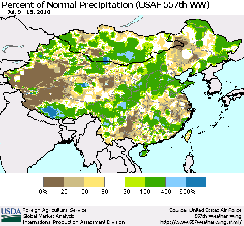 China, Mongolia and Taiwan Percent of Normal Precipitation (USAF 557th WW) Thematic Map For 7/9/2018 - 7/15/2018