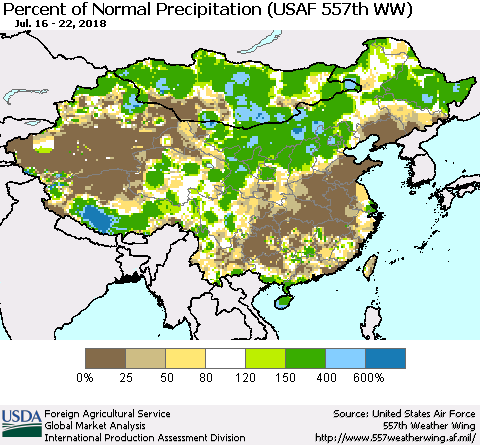 China, Mongolia and Taiwan Percent of Normal Precipitation (USAF 557th WW) Thematic Map For 7/16/2018 - 7/22/2018