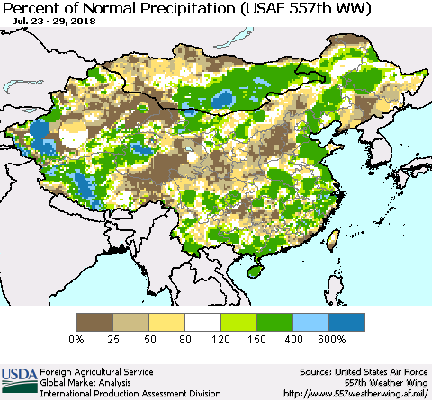 China, Mongolia and Taiwan Percent of Normal Precipitation (USAF 557th WW) Thematic Map For 7/23/2018 - 7/29/2018