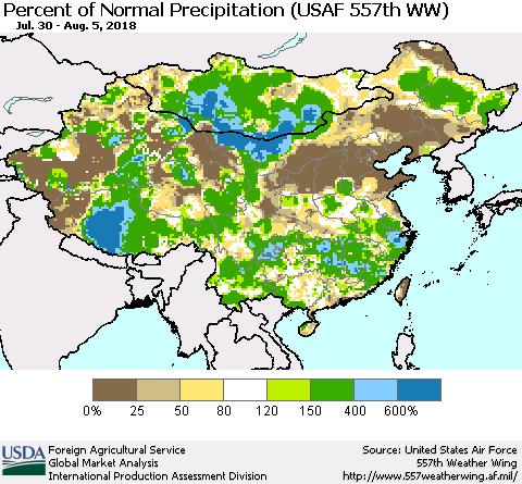 China, Mongolia and Taiwan Percent of Normal Precipitation (USAF 557th WW) Thematic Map For 7/30/2018 - 8/5/2018