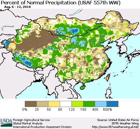 China, Mongolia and Taiwan Percent of Normal Precipitation (USAF 557th WW) Thematic Map For 8/6/2018 - 8/12/2018