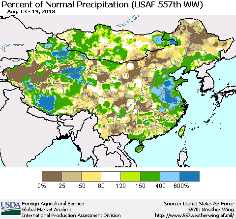 China, Mongolia and Taiwan Percent of Normal Precipitation (USAF 557th WW) Thematic Map For 8/13/2018 - 8/19/2018