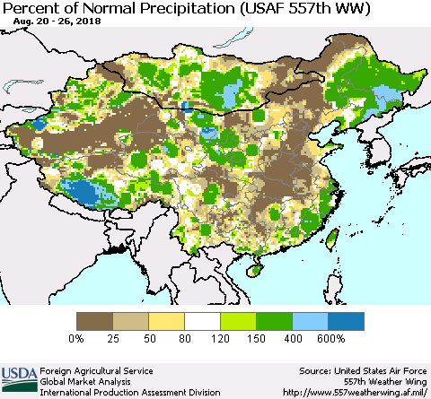 China, Mongolia and Taiwan Percent of Normal Precipitation (USAF 557th WW) Thematic Map For 8/20/2018 - 8/26/2018