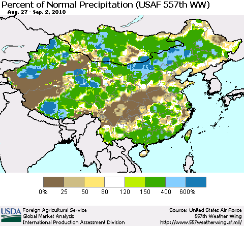 China, Mongolia and Taiwan Percent of Normal Precipitation (USAF 557th WW) Thematic Map For 8/27/2018 - 9/2/2018