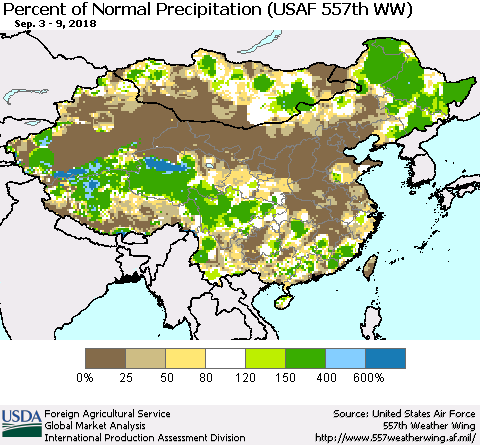 China, Mongolia and Taiwan Percent of Normal Precipitation (USAF 557th WW) Thematic Map For 9/3/2018 - 9/9/2018