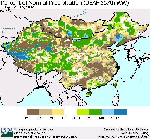 China, Mongolia and Taiwan Percent of Normal Precipitation (USAF 557th WW) Thematic Map For 9/10/2018 - 9/16/2018