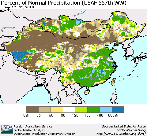 China, Mongolia and Taiwan Percent of Normal Precipitation (USAF 557th WW) Thematic Map For 9/17/2018 - 9/23/2018