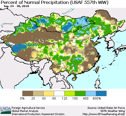 China, Mongolia and Taiwan Percent of Normal Precipitation (USAF 557th WW) Thematic Map For 9/24/2018 - 9/30/2018