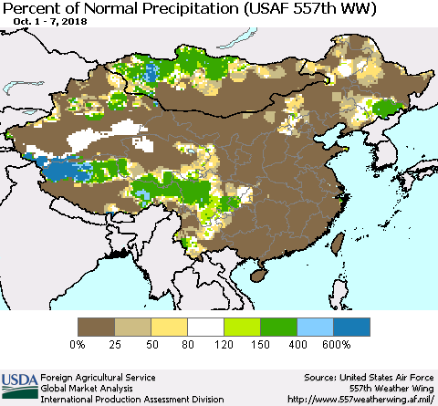 China, Mongolia and Taiwan Percent of Normal Precipitation (USAF 557th WW) Thematic Map For 10/1/2018 - 10/7/2018