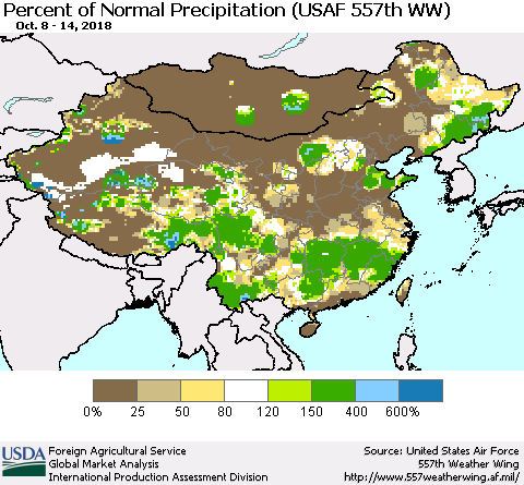 China, Mongolia and Taiwan Percent of Normal Precipitation (USAF 557th WW) Thematic Map For 10/8/2018 - 10/14/2018