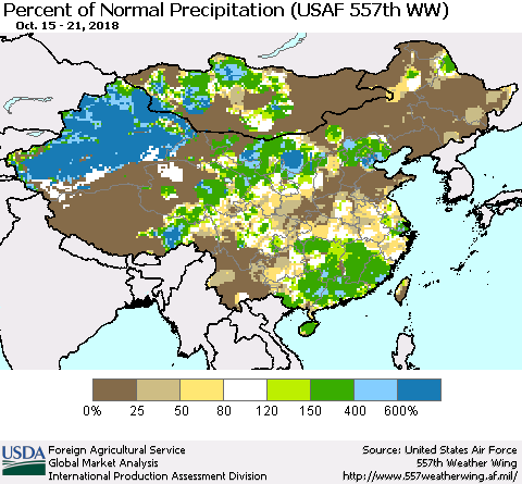 China, Mongolia and Taiwan Percent of Normal Precipitation (USAF 557th WW) Thematic Map For 10/15/2018 - 10/21/2018