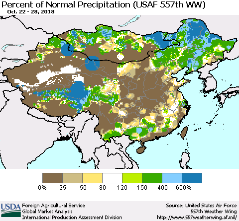 China, Mongolia and Taiwan Percent of Normal Precipitation (USAF 557th WW) Thematic Map For 10/22/2018 - 10/28/2018