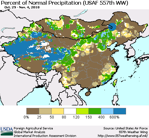 China, Mongolia and Taiwan Percent of Normal Precipitation (USAF 557th WW) Thematic Map For 10/29/2018 - 11/4/2018