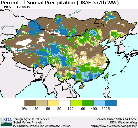 China, Mongolia and Taiwan Percent of Normal Precipitation (USAF 557th WW) Thematic Map For 3/4/2019 - 3/10/2019