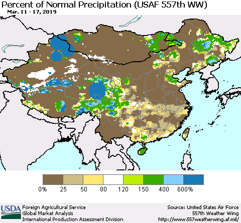 China, Mongolia and Taiwan Percent of Normal Precipitation (USAF 557th WW) Thematic Map For 3/11/2019 - 3/17/2019