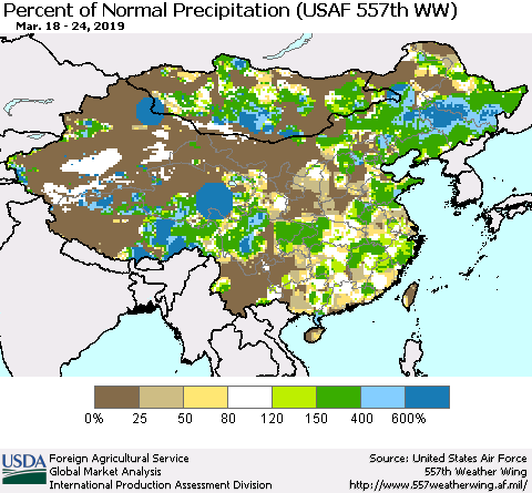 China, Mongolia and Taiwan Percent of Normal Precipitation (USAF 557th WW) Thematic Map For 3/18/2019 - 3/24/2019