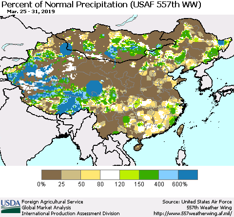 China, Mongolia and Taiwan Percent of Normal Precipitation (USAF 557th WW) Thematic Map For 3/25/2019 - 3/31/2019