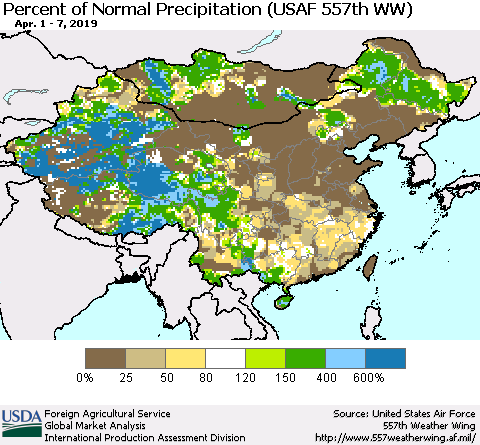 China, Mongolia and Taiwan Percent of Normal Precipitation (USAF 557th WW) Thematic Map For 4/1/2019 - 4/7/2019