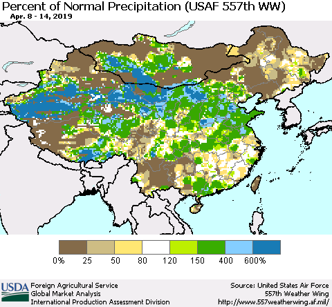 China, Mongolia and Taiwan Percent of Normal Precipitation (USAF 557th WW) Thematic Map For 4/8/2019 - 4/14/2019