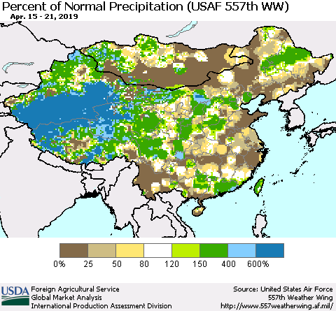 China, Mongolia and Taiwan Percent of Normal Precipitation (USAF 557th WW) Thematic Map For 4/15/2019 - 4/21/2019