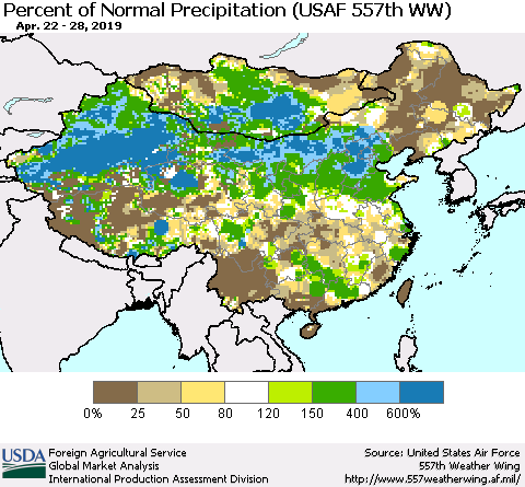 China, Mongolia and Taiwan Percent of Normal Precipitation (USAF 557th WW) Thematic Map For 4/22/2019 - 4/28/2019